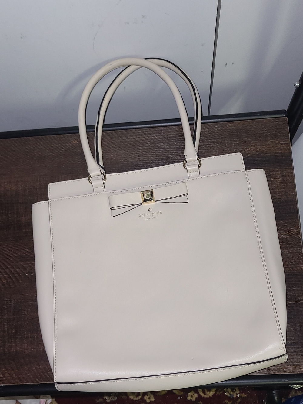 kate spade Cream Leather Tote with Bow Accent